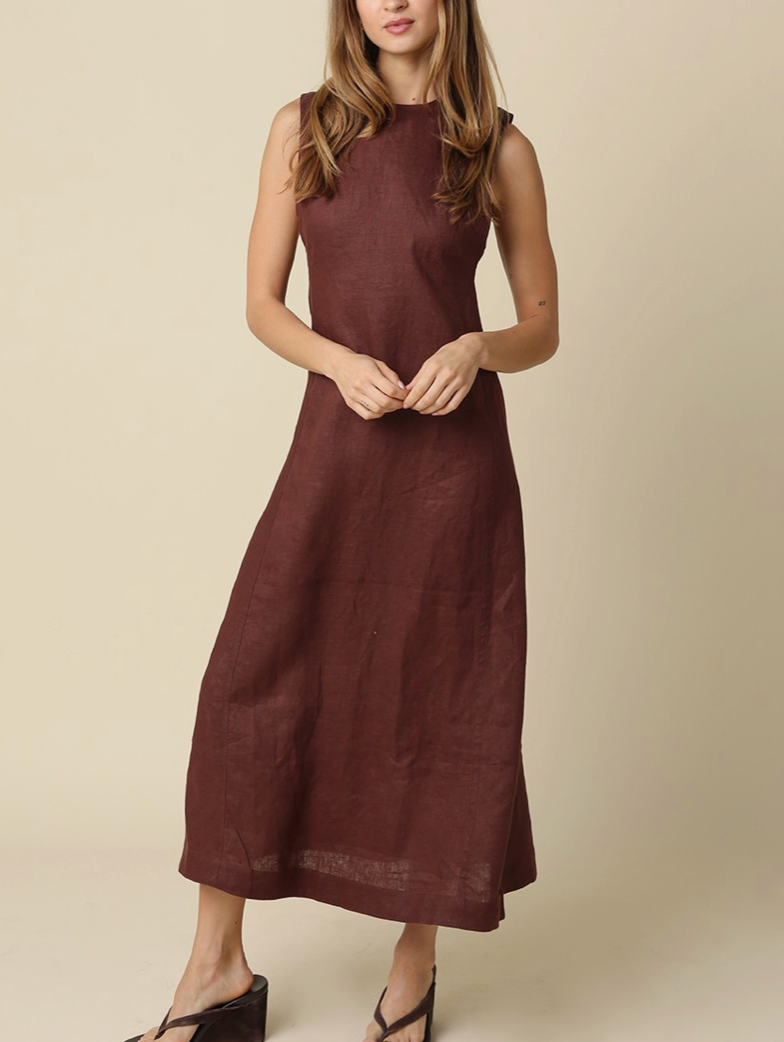 Open Back Maxi Linen Dress | Brown