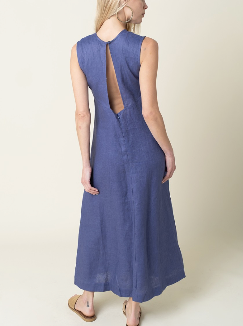 Open Back Maxi Linen Dress | Blue