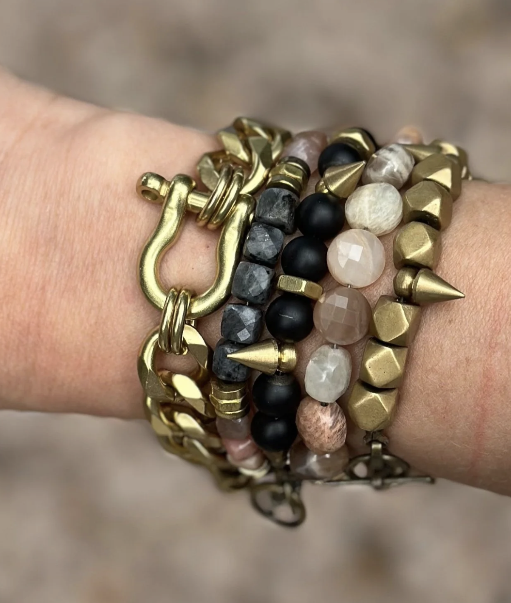 Larvikite + Peach Moonstone Bracelet
