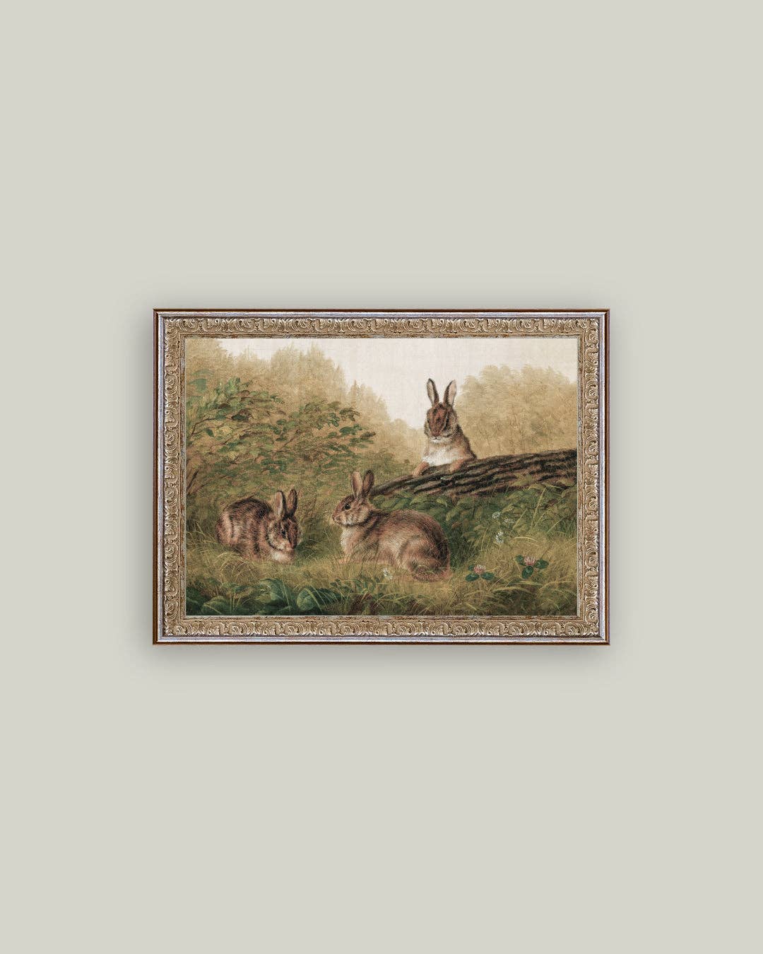 Rabbits on a Log Framed Antique Art