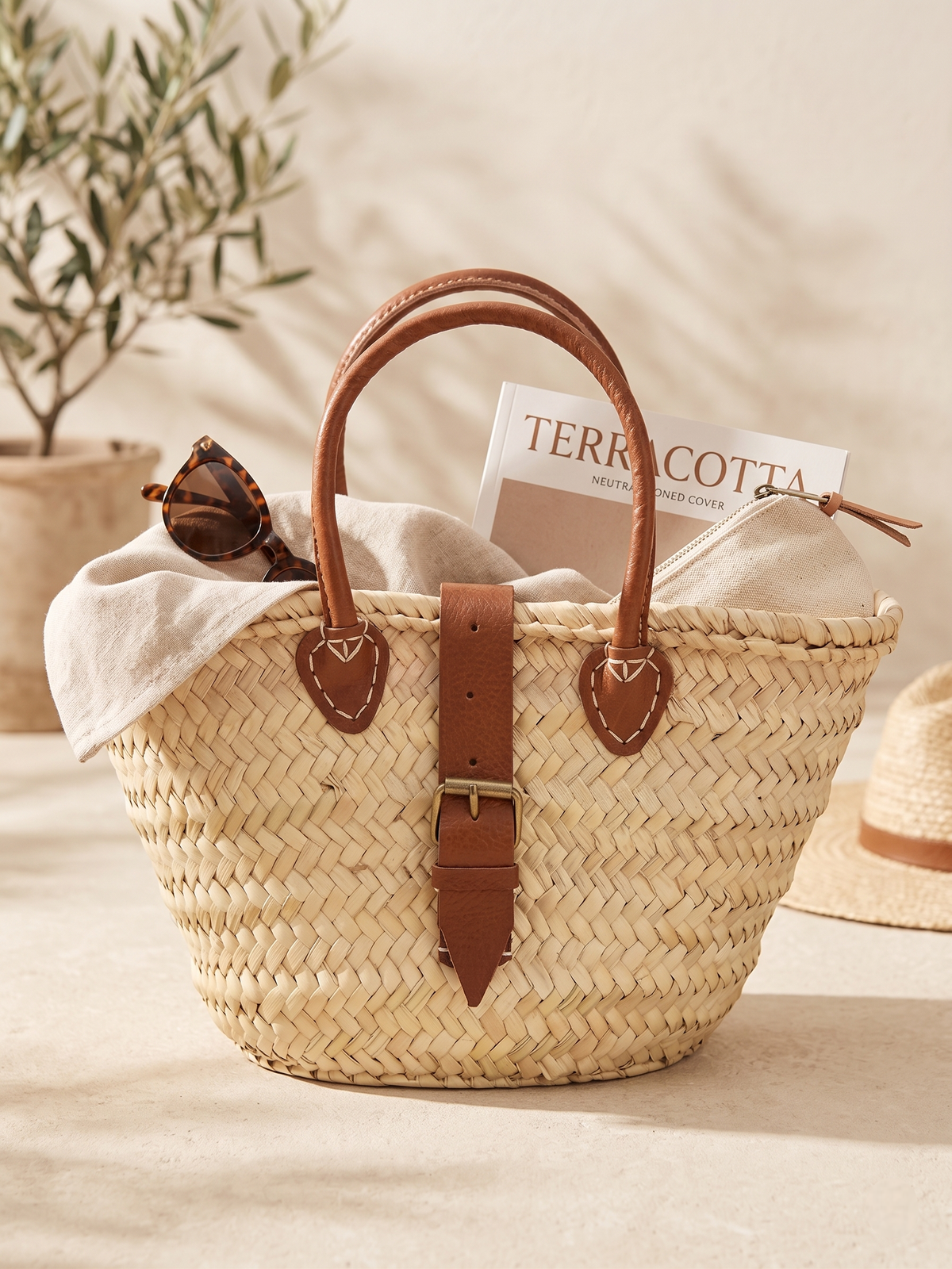 Straw Tote | Congac Leather Buckle