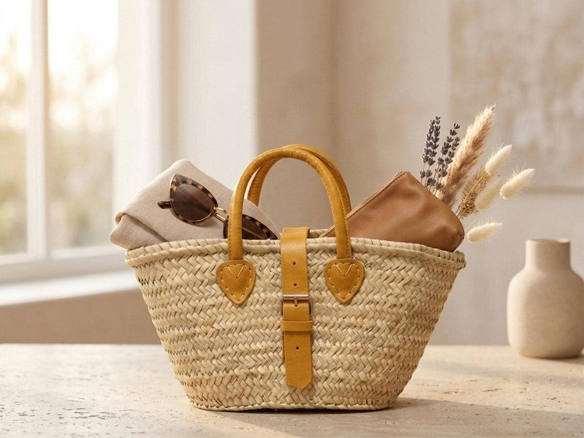 Straw Tote | Yellow Leather Buckle