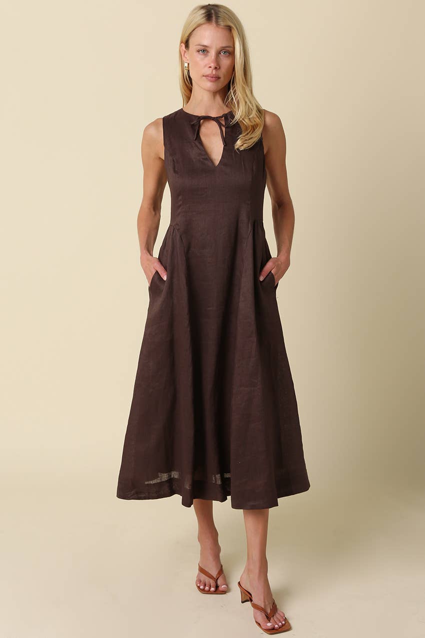 Barb Linen Neck-Tie Maxi Dress