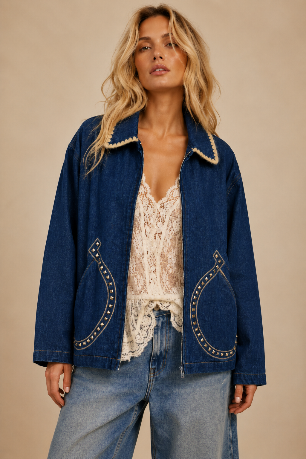 Western-Edge Studded Denim Jacket