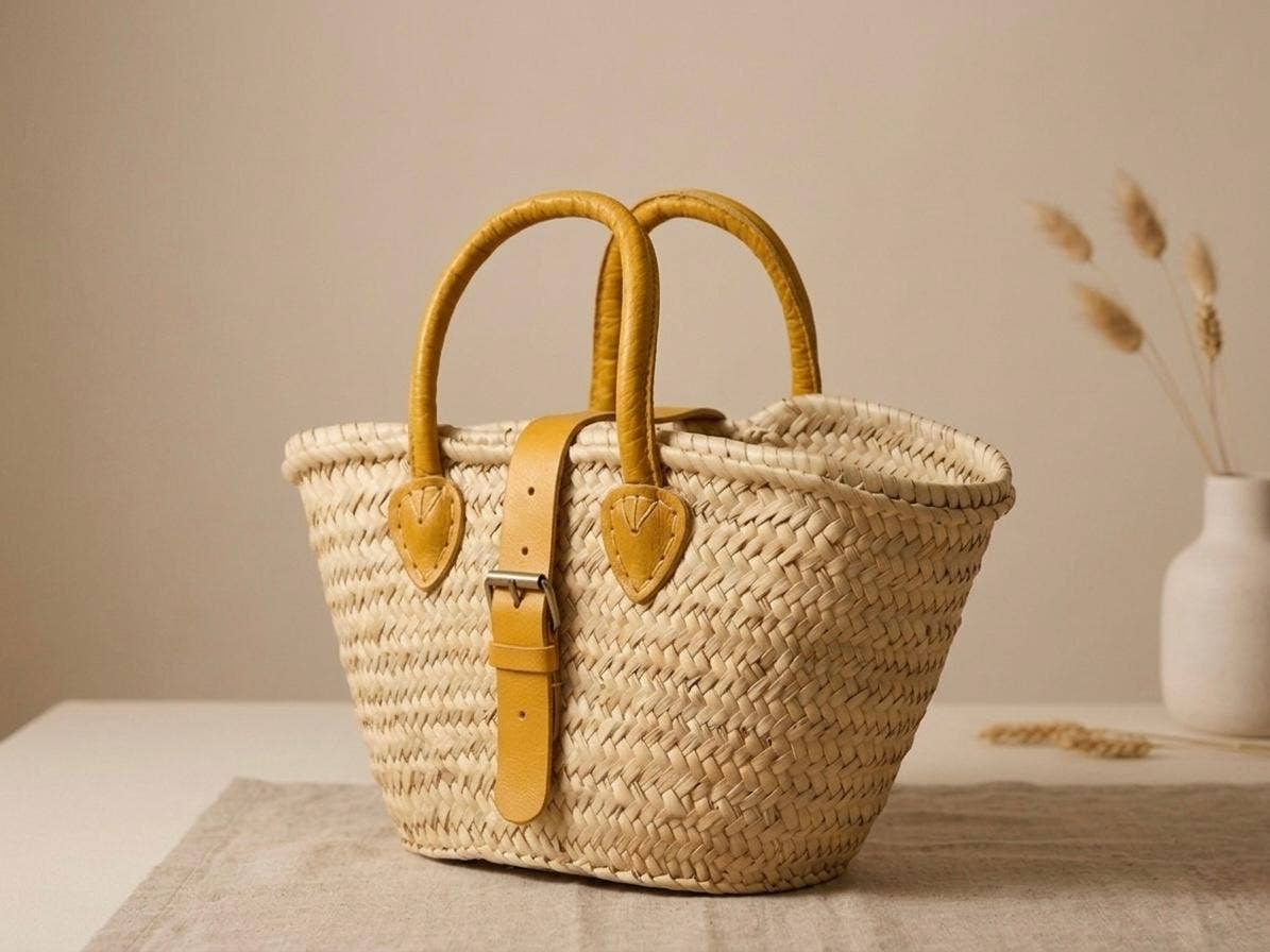 Straw Tote | Yellow Leather Buckle