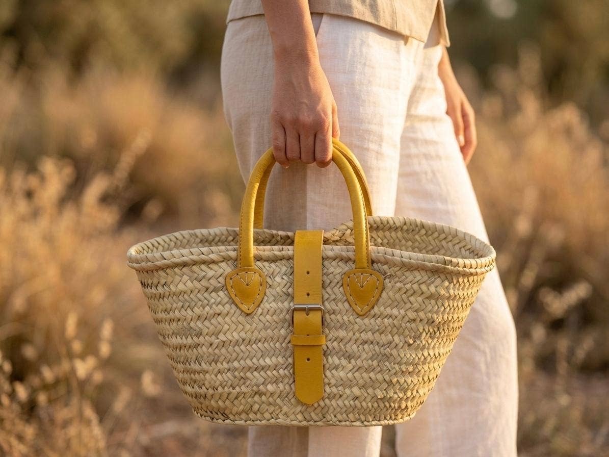 Straw Tote | Yellow Leather Buckle