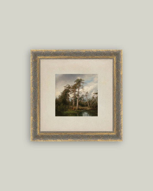 Live Oaks with Deer Framed Antique Art