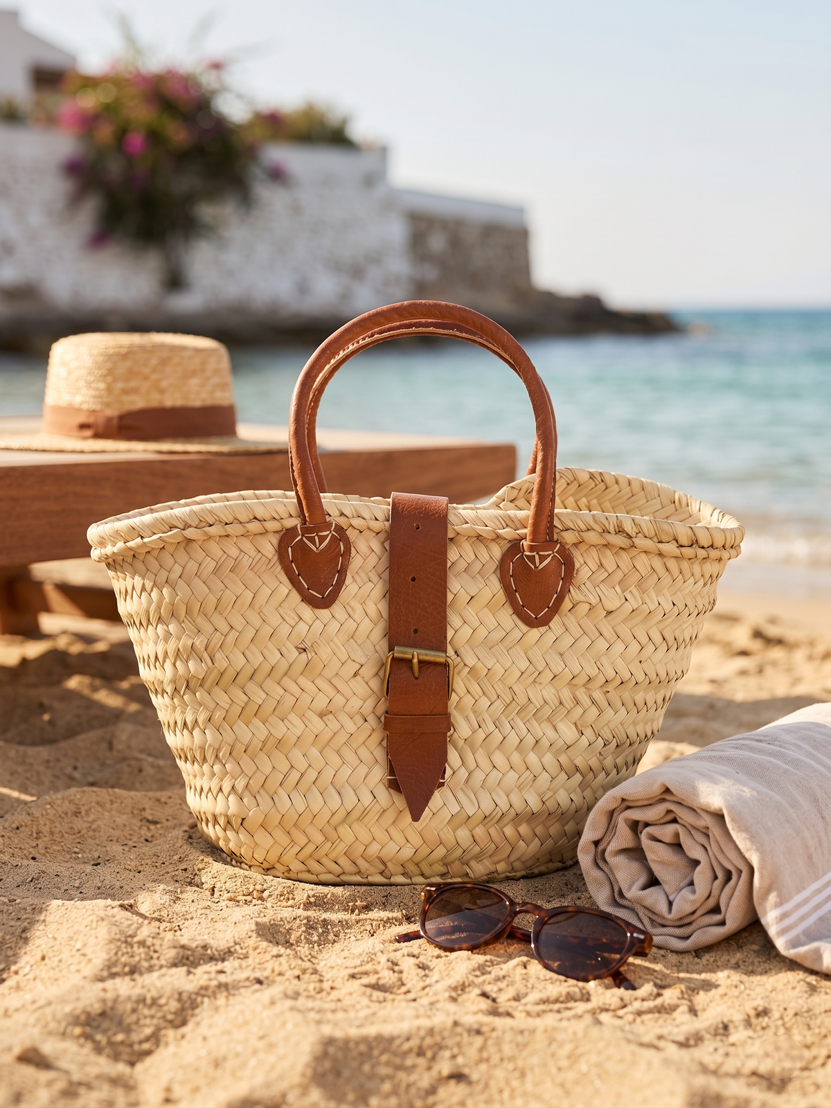 Straw Tote | Congac Leather Buckle