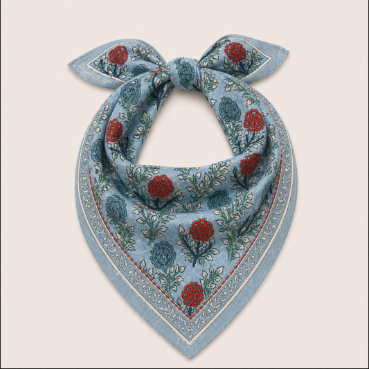 Bandana - Blue + Red Floral Stitching