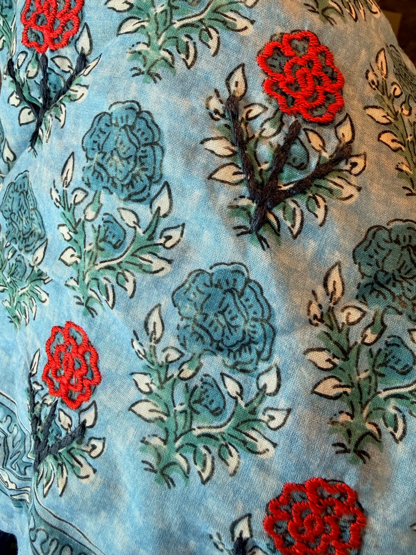 Bandana - Blue + Red Floral Stitching