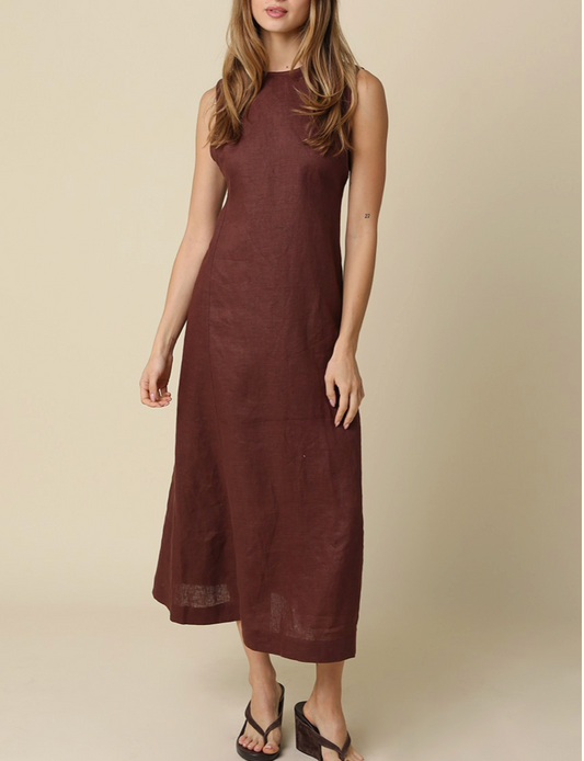 Open Back Maxi Linen Dress | Brown