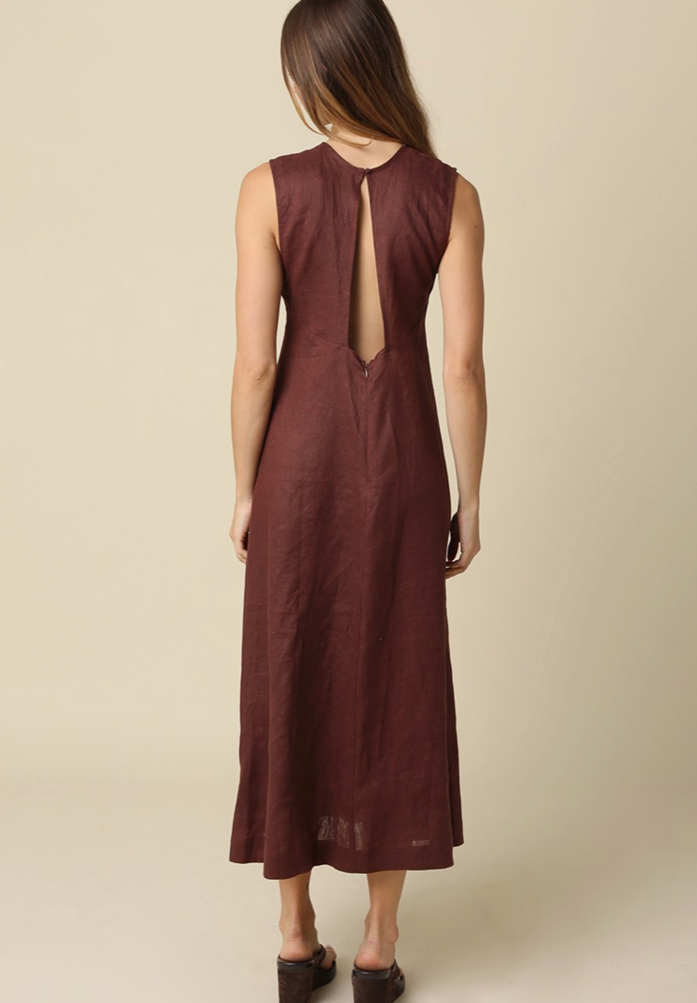 Open Back Maxi Linen Dress | Brown