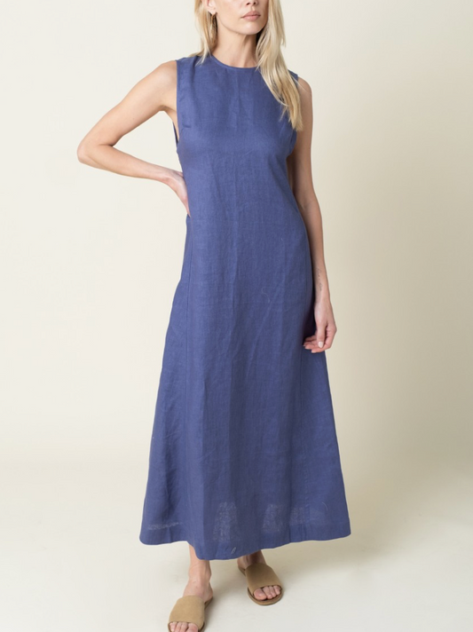 Open Back Maxi Linen Dress | Blue