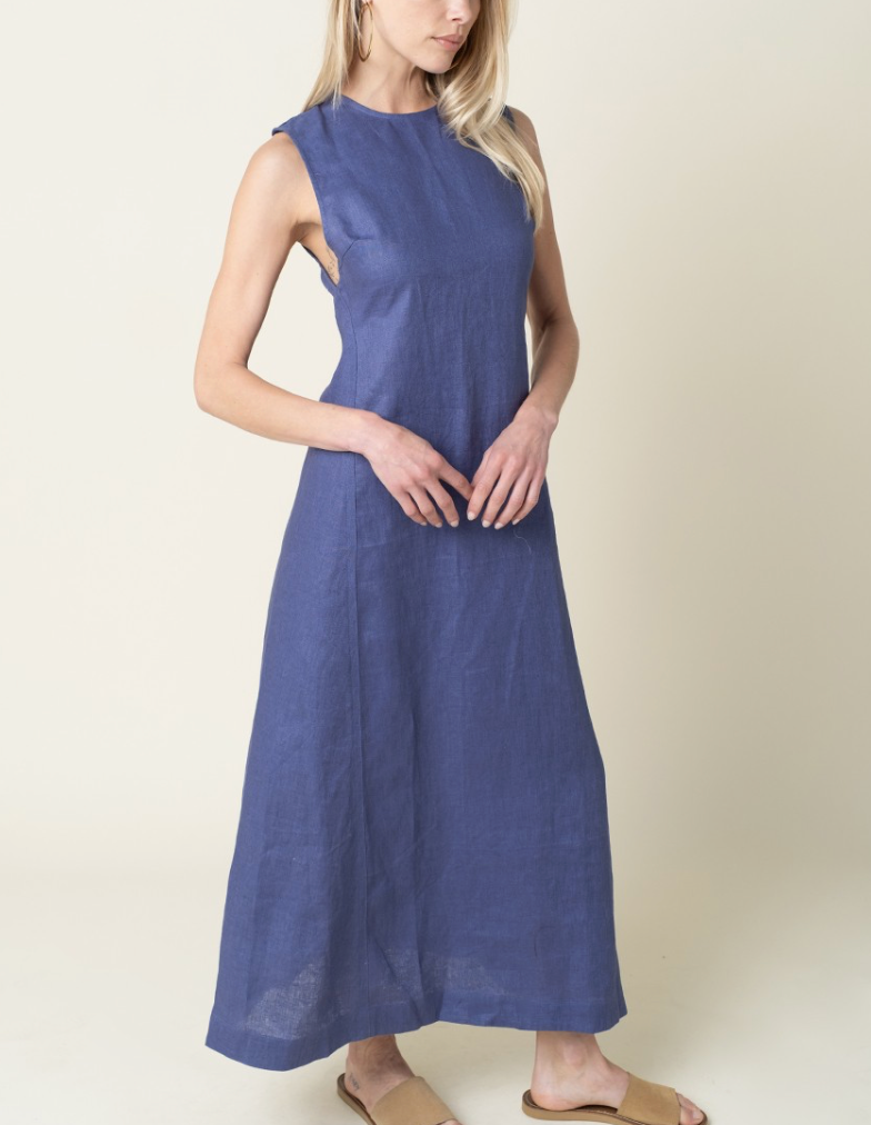 Open Back Maxi Linen Dress | Blue