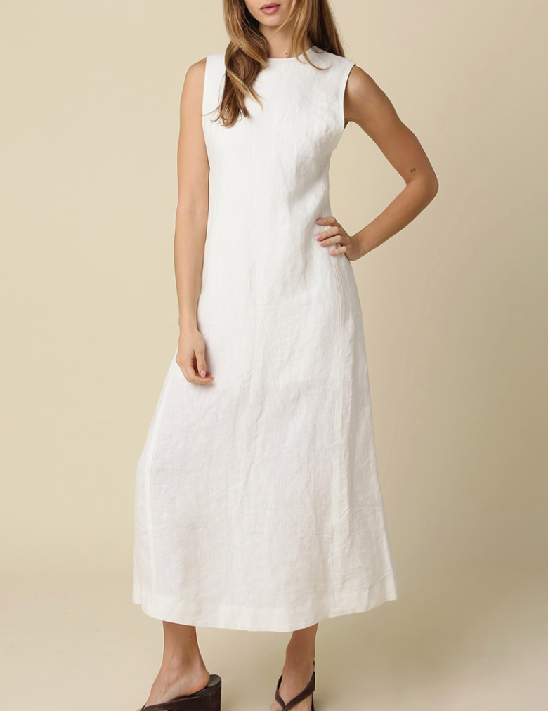 Open Back Maxi Linen Dress | White