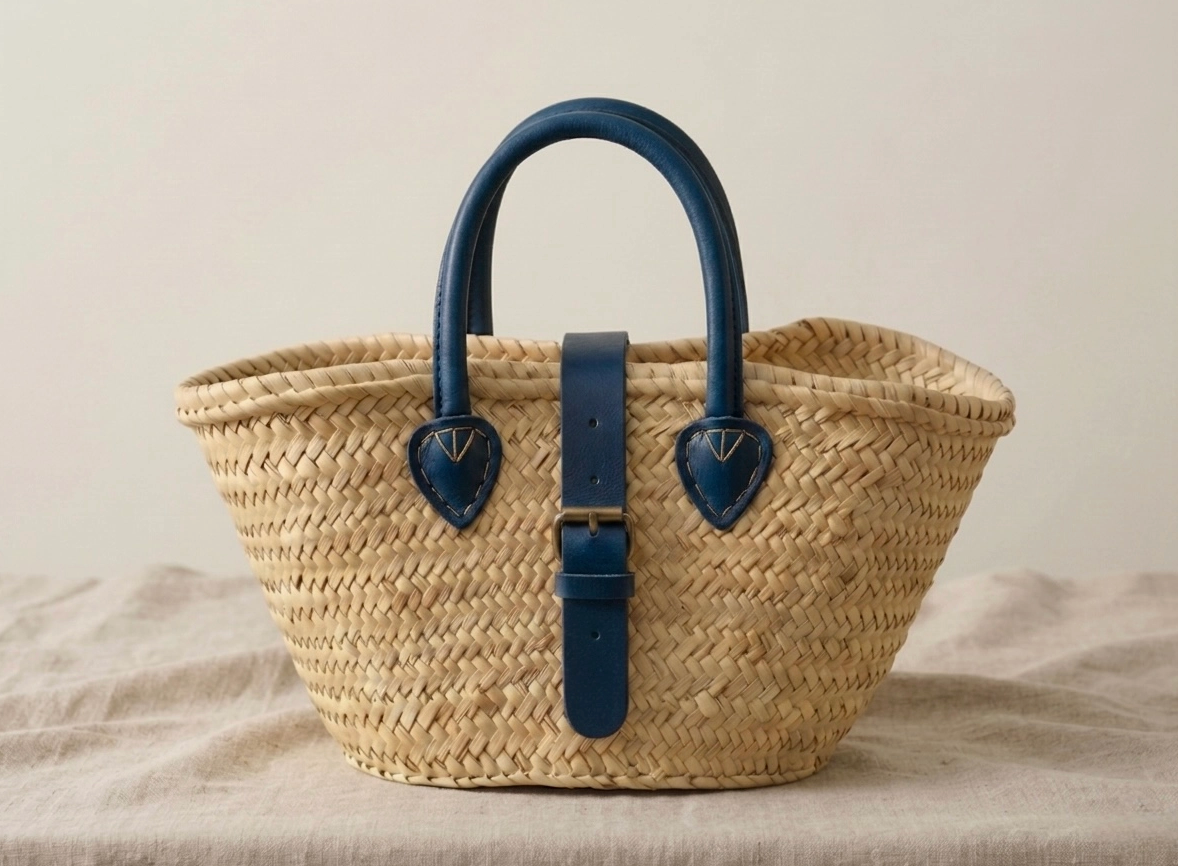 Straw Tote | Blue Leather Buckle