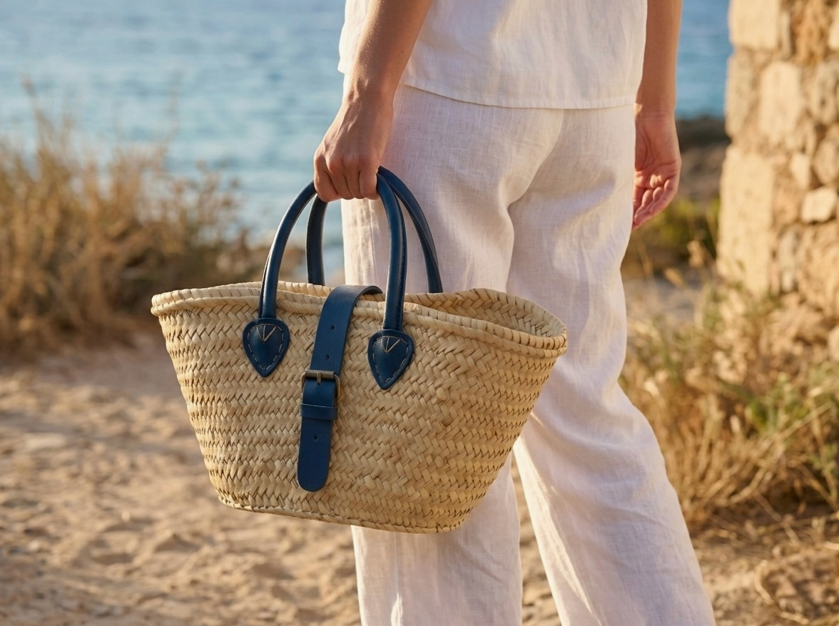 Straw Tote | Blue Leather Buckle