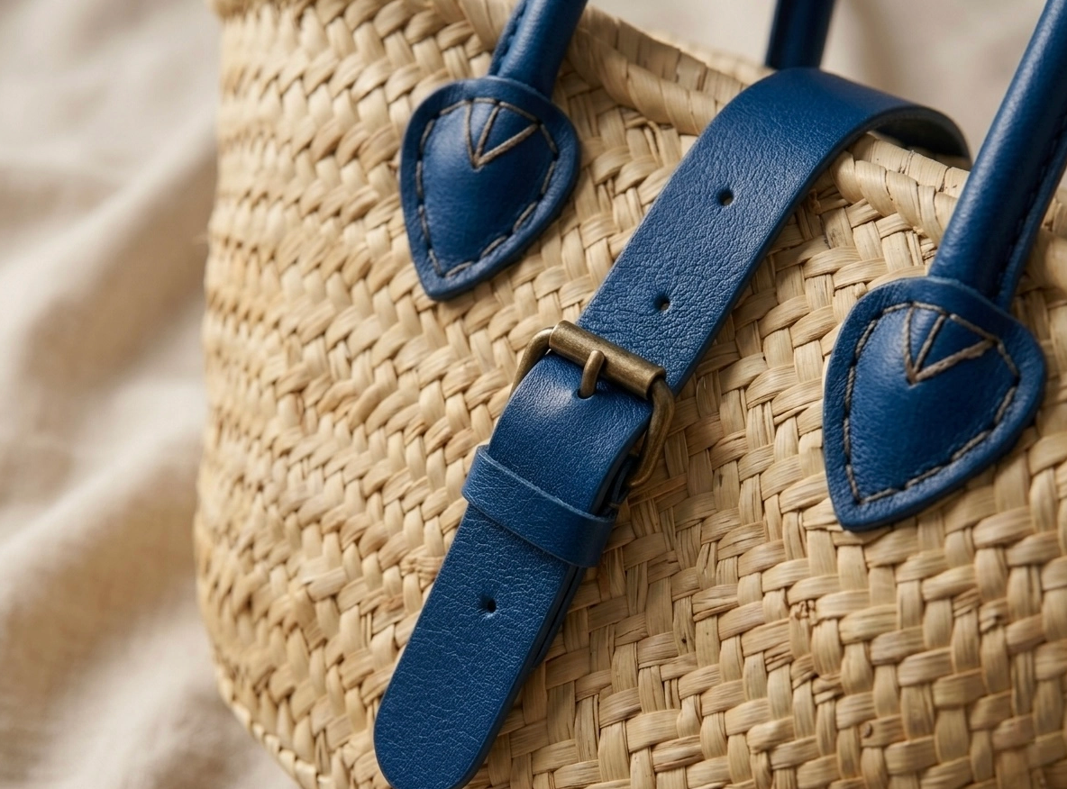 Straw Tote | Blue Leather Buckle