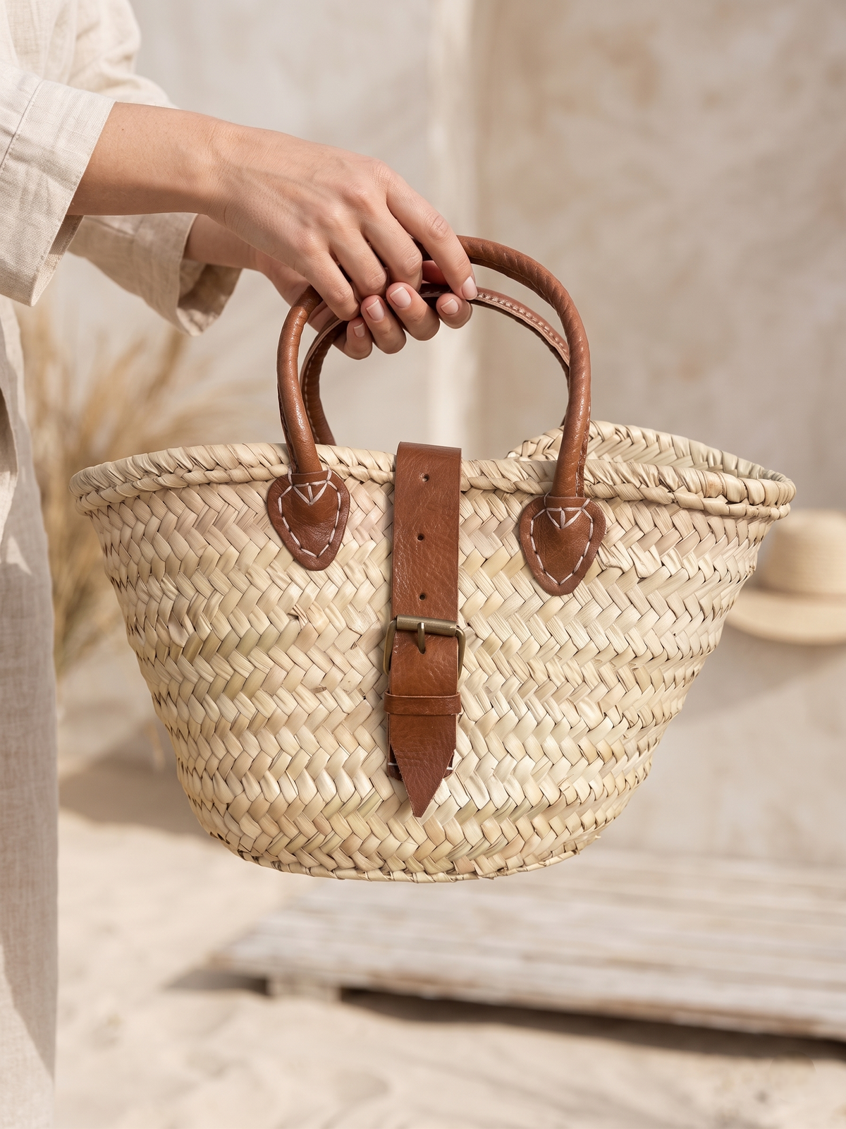 Straw Tote | Congac Leather Buckle