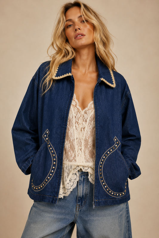 Western-Edge Studded Denim Jacket