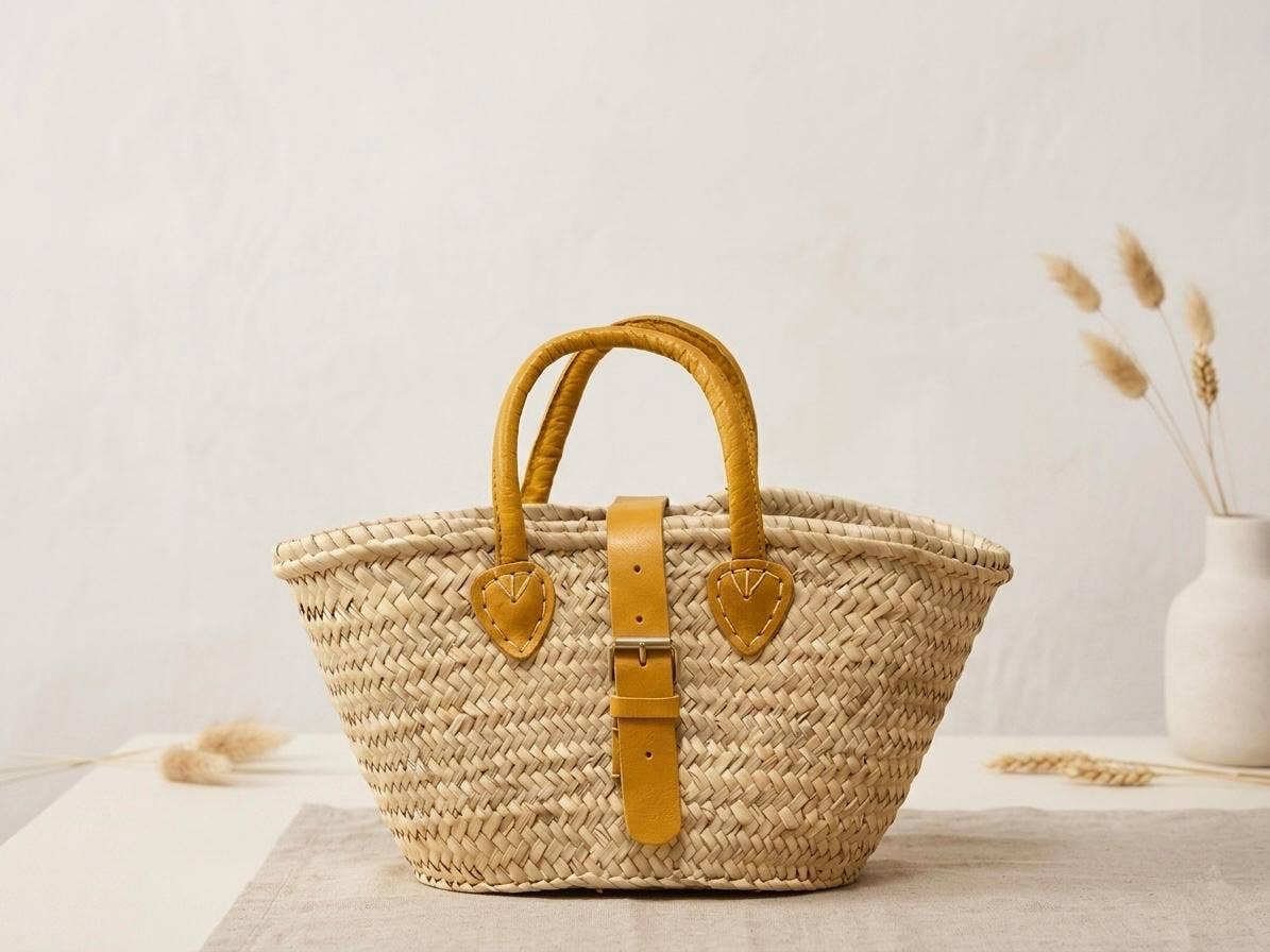 Straw Tote | Yellow Leather Buckle