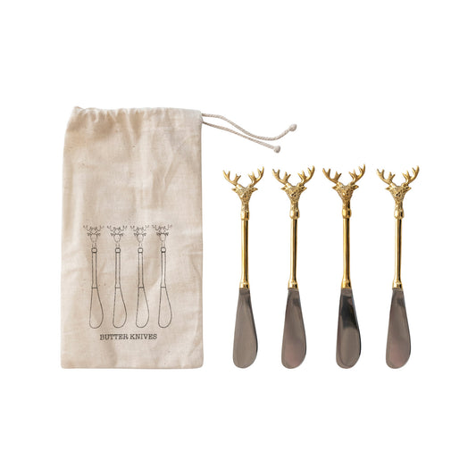 Stainless Steel and Brass Canape Knives, Set of 4